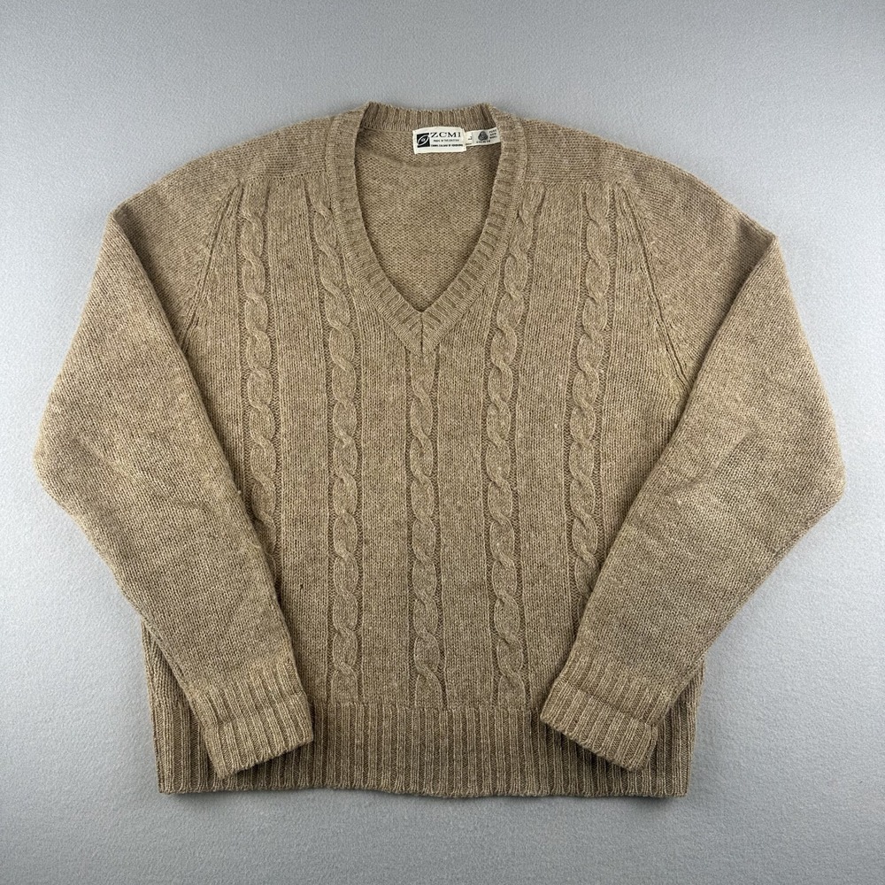 ZCMI Vintage 70s Beige Pure New Wool Sweater Size Large Made in British Crown HK